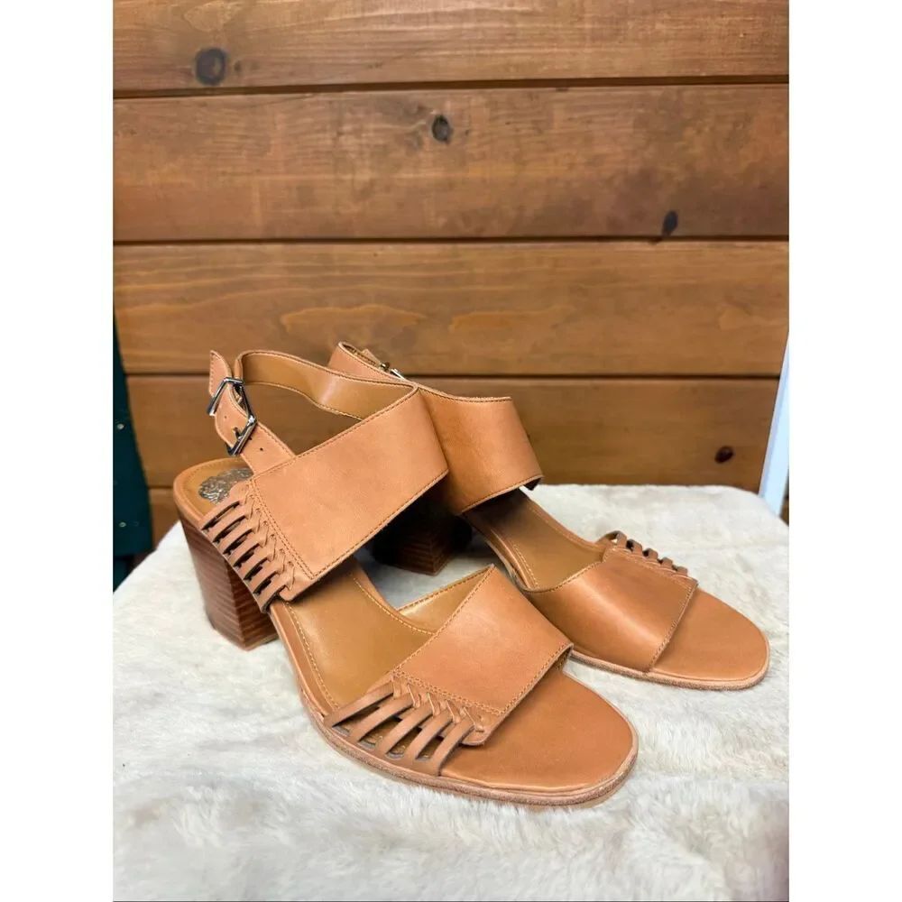 Vince Camuto Karmelo slingback sandals tan leather upper whipstitch accents Sz